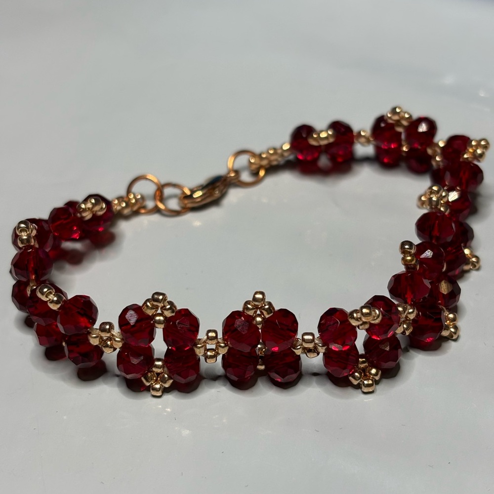 Hand crafted bracelet red Czech glass crystal rondelles and gold tone seed beads